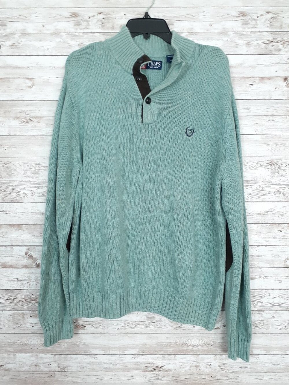 Chaps Mens Mock Neck Sweater L Elbow Pads Button Neckline Green 783A
